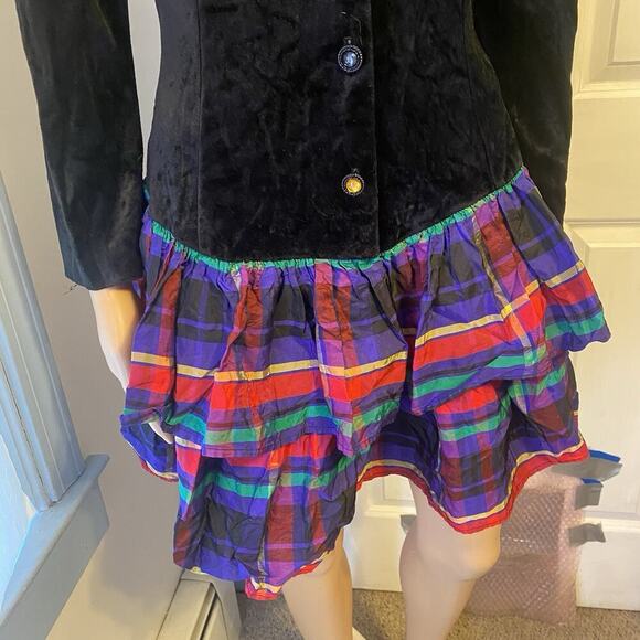 Vintage 90s ByerToo! Women Dress 7/M Black Velvet Multicolor Ruffle Skirt Retro - Picture 9 of 13